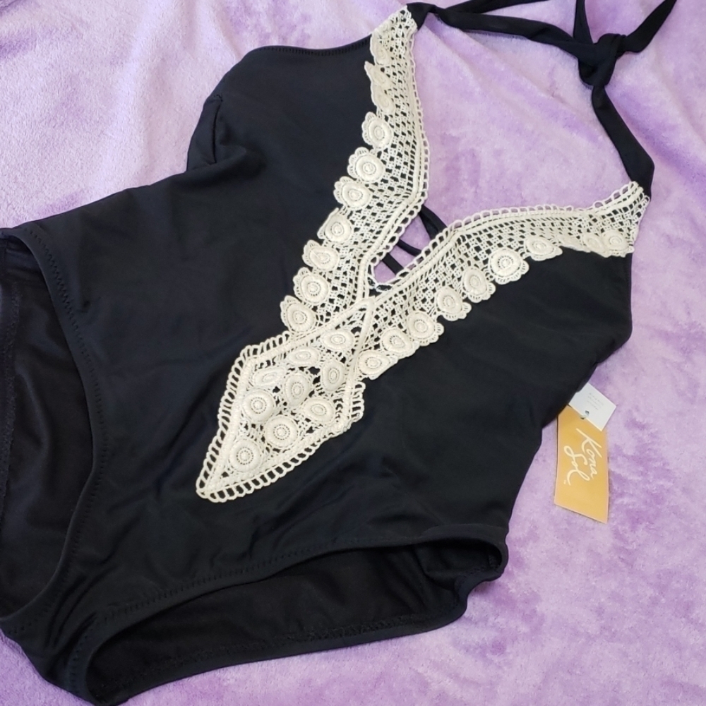 Kona Sol 1 Piece Plunge Halter Low Back Black NWT